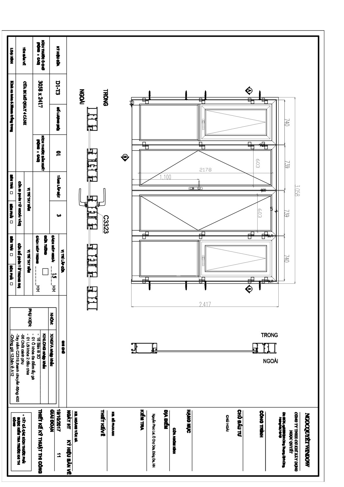 Bản vẽ kỹ thuật cửa đi mở quay 4 cánh nhôm kính Xingfa kích thước 3058 x 2417 mm